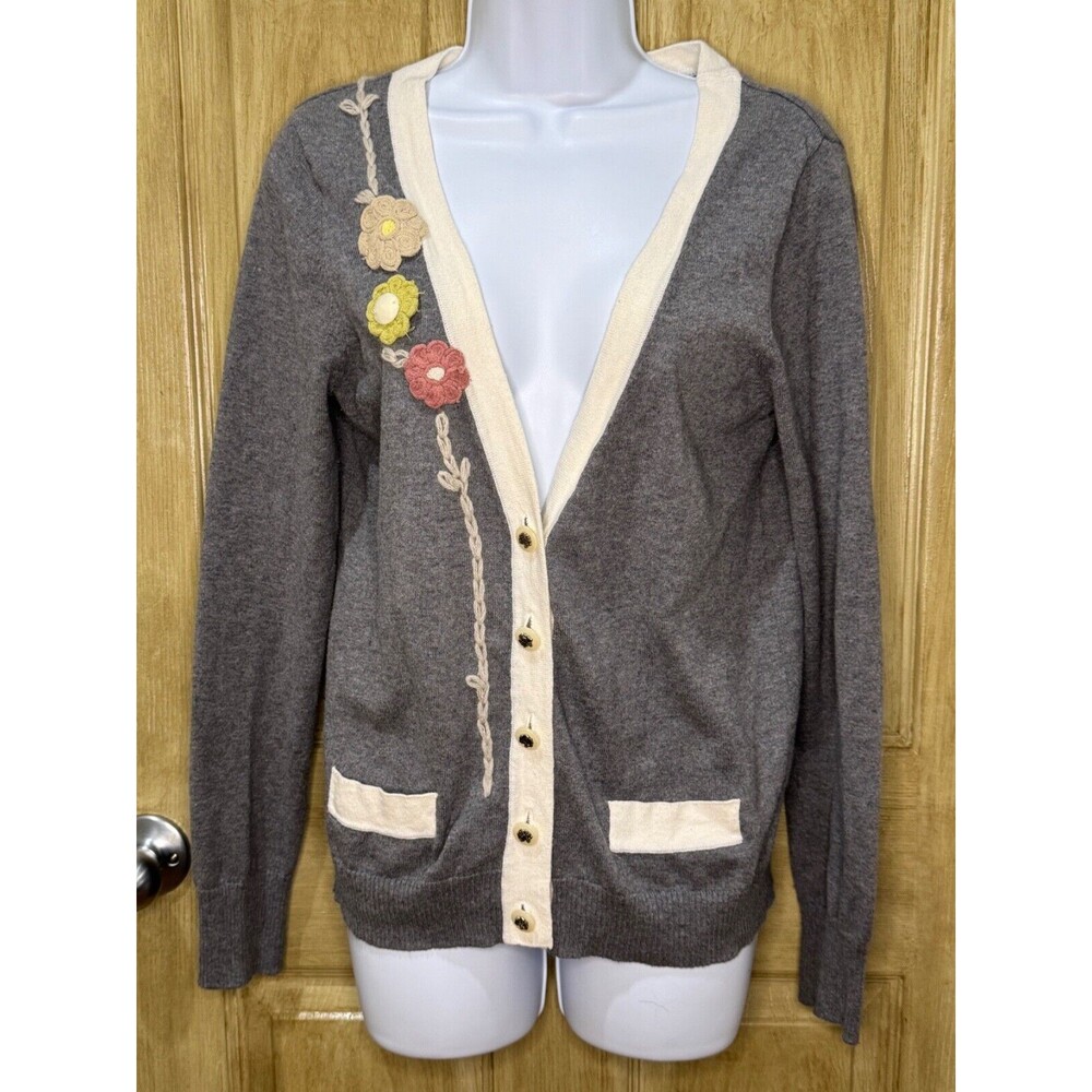 Anthropologie Nick & Mo Cardigan Button Up Sweater Womens Crochet Floral Gray L